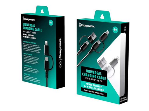 [107020] CABLE UNIVERSAL CHARGEWORX , 60 W, 4 EN UNO, 6 FT, USB C, USB A, NEGRO, SMARTPHONES & TABLETS.